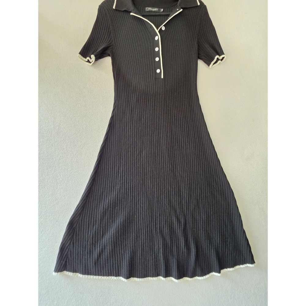 MEROKEETY Women's‎ Black Rib Knit Polo Sweater Dress White Trim Size Medium